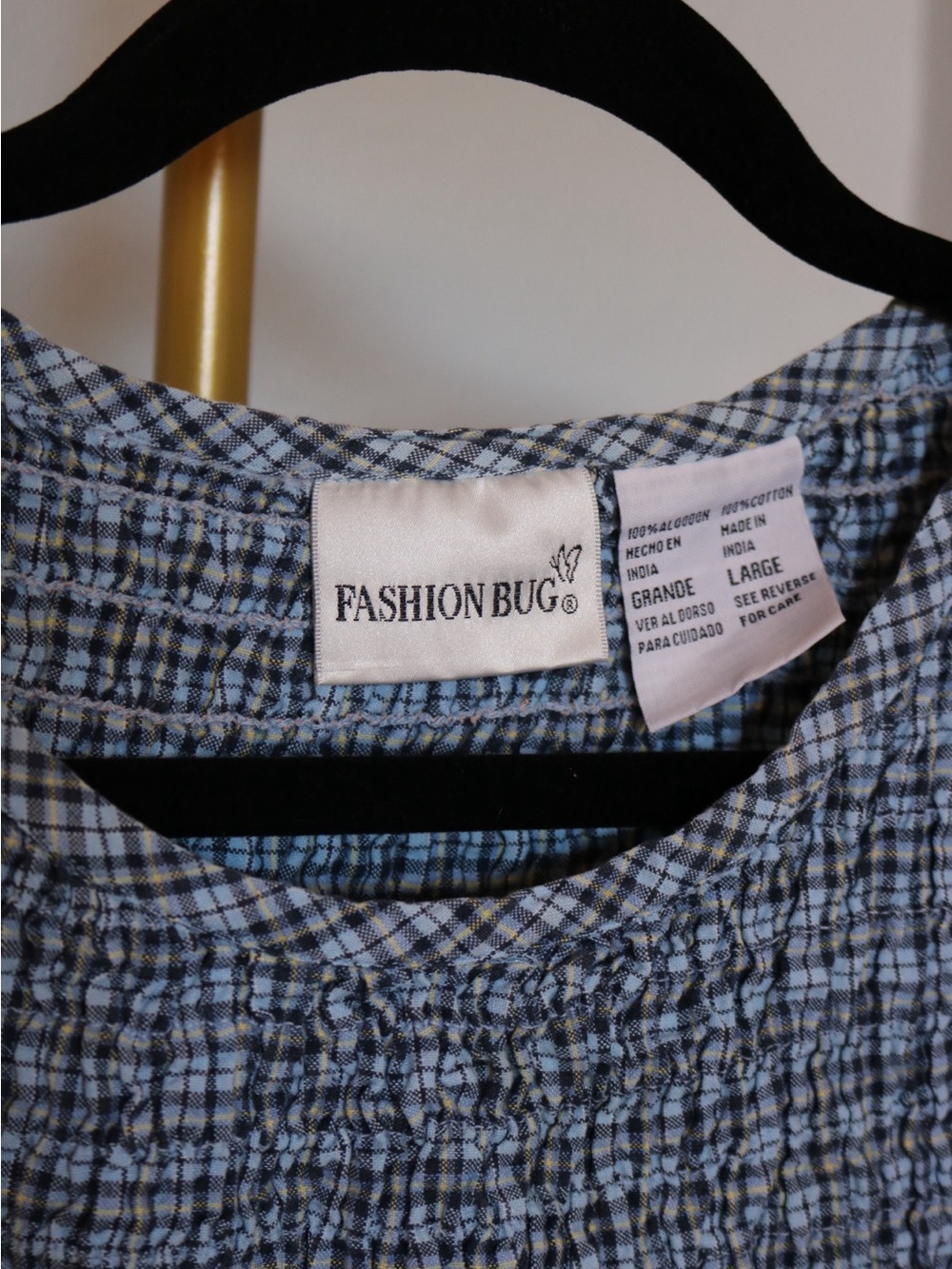Vintage Fashion Bug Smocked Plaid Crop Top 100% Cotton Sky Blue Navy Yellow L - Picture 3 of 9